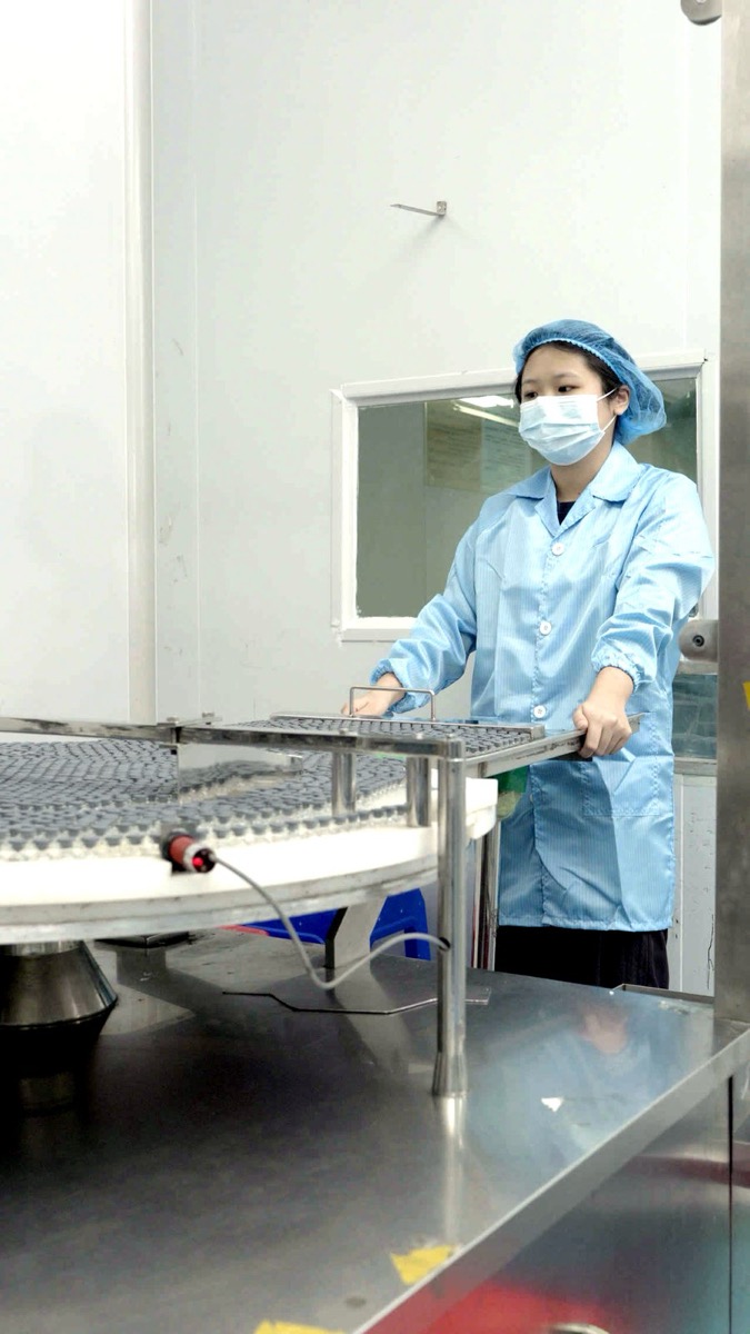 Operator placing a tray of vials on a filling-line turntable